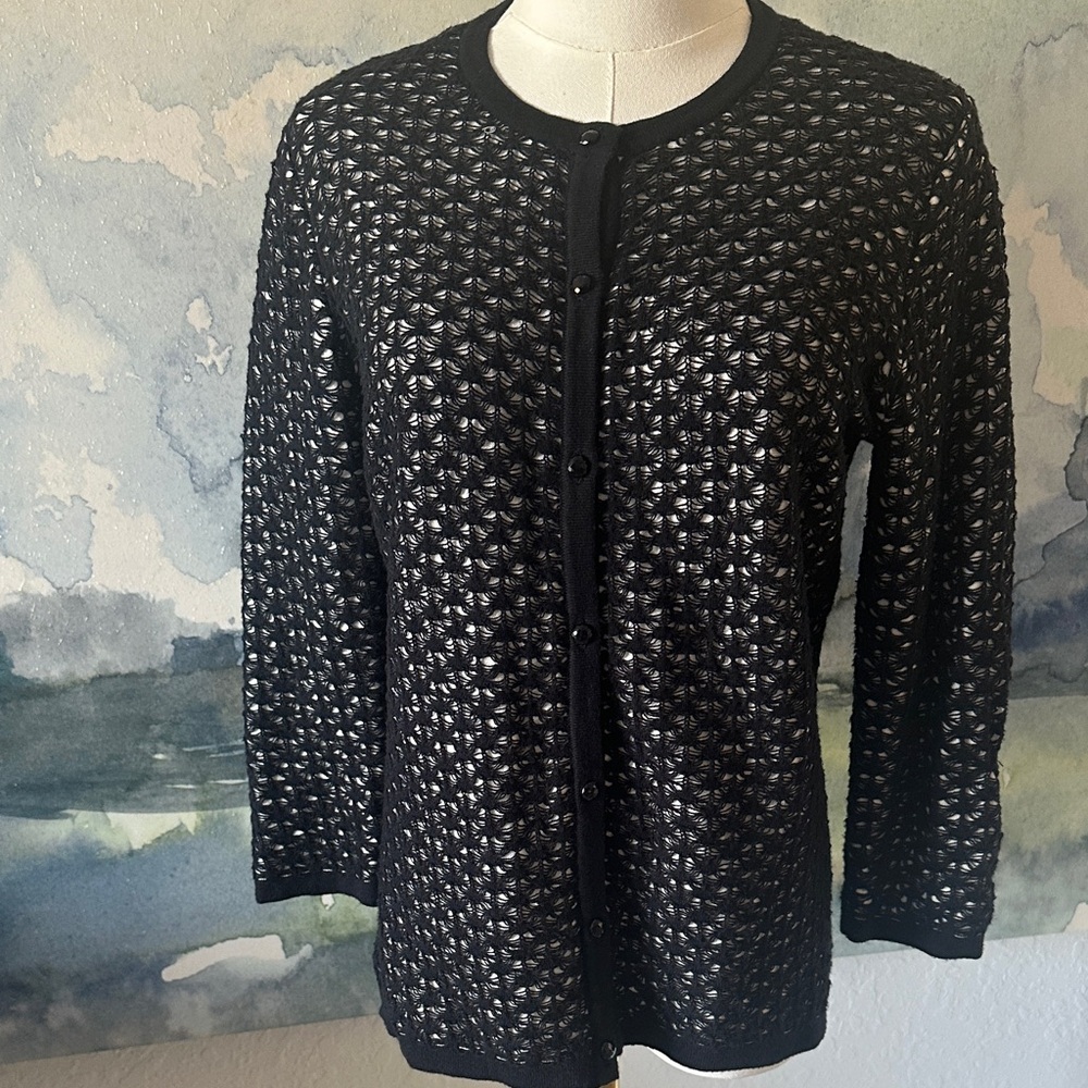 Anne Klein M Black and White Knit Sweater 53 % Cotton sparkly buttons